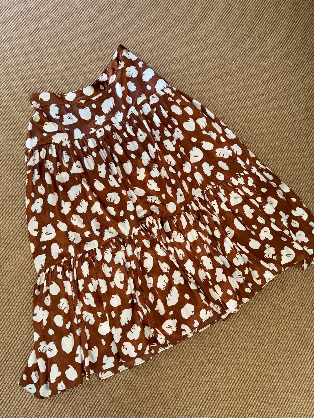 French Connection Tiered Satin Midi Skirt Brown w/ Cream Abstract Dot Print